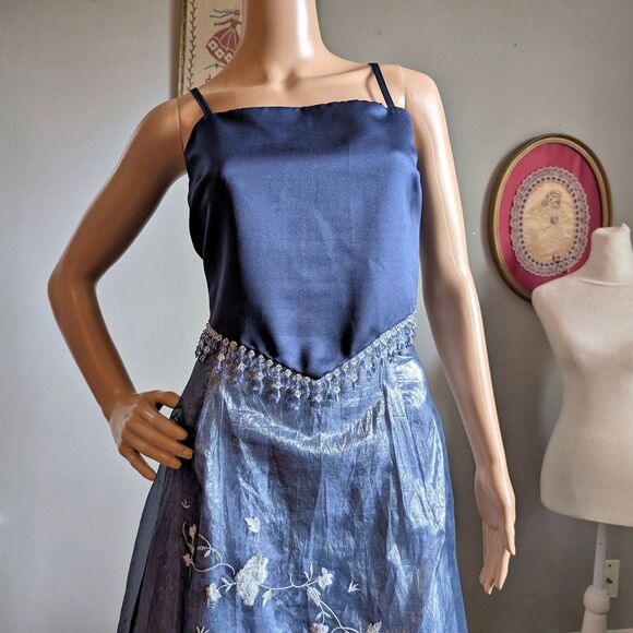 Vintage 90s y2k Scene Prom Gown Blue Floral Embroidery Beaded Fringe Size 9/10 - Picture 4 of 17